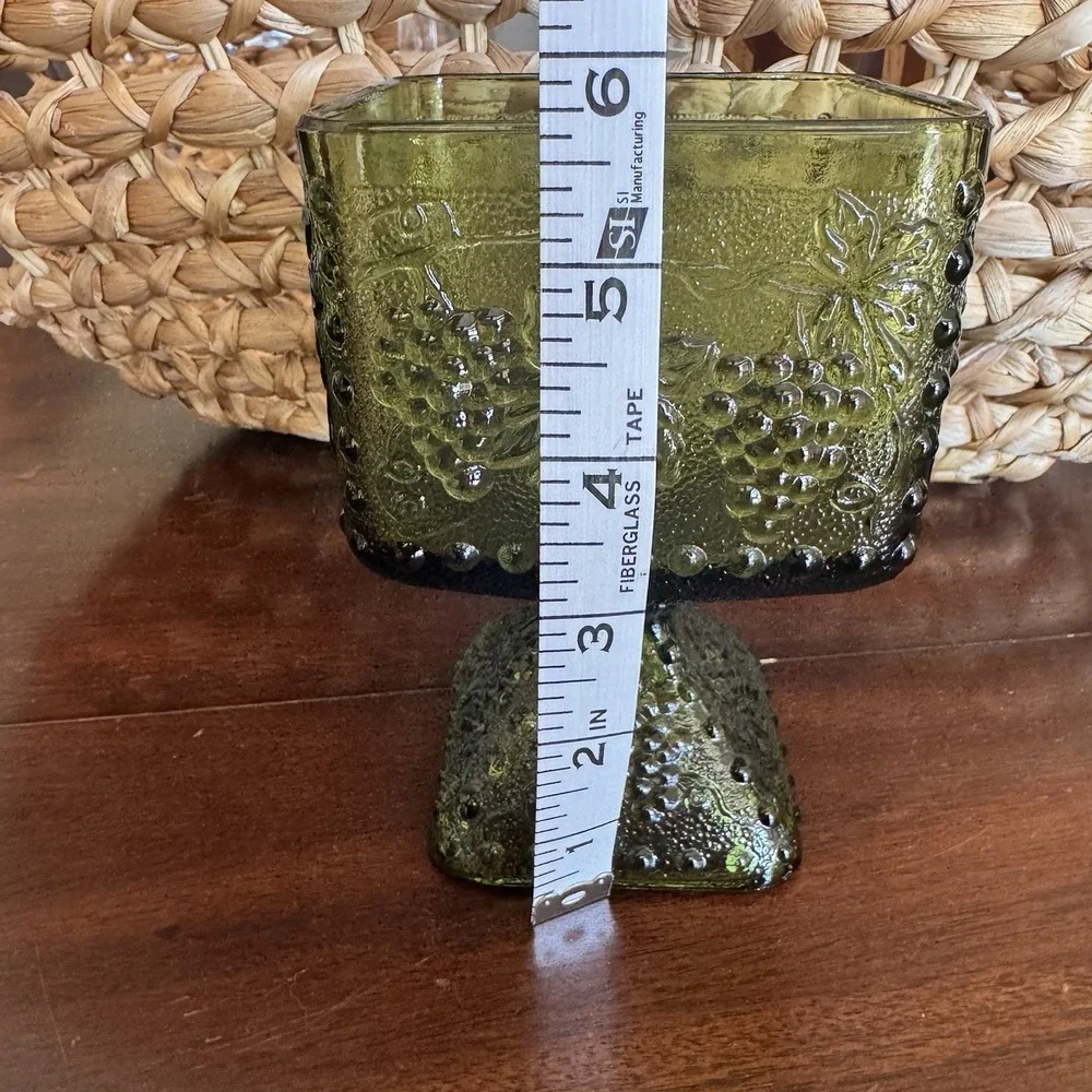 Vintage Indiana Glass Green Square Candy Dish Footed Pedestal Grape Vine